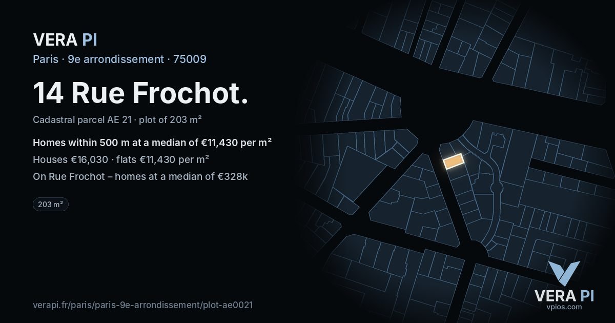 14 Rue Frochot, 9e arrondissement at night – the plot lit, the parcels around coloured by the prices near them