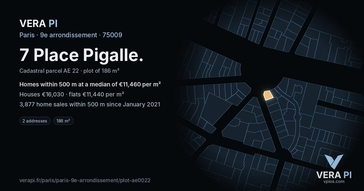 7 Place Pigalle, 9e arrondissement at night – the plot lit, the parcels around coloured by the prices near them