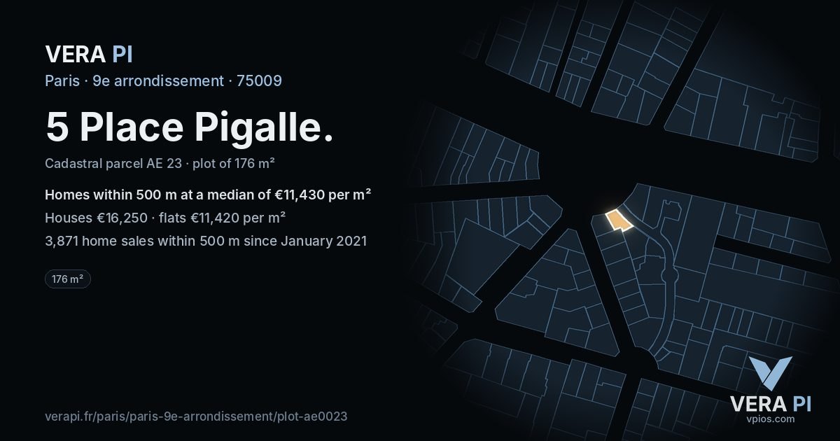 5 Place Pigalle, 9e arrondissement at night – the plot lit, the parcels around coloured by the prices near them