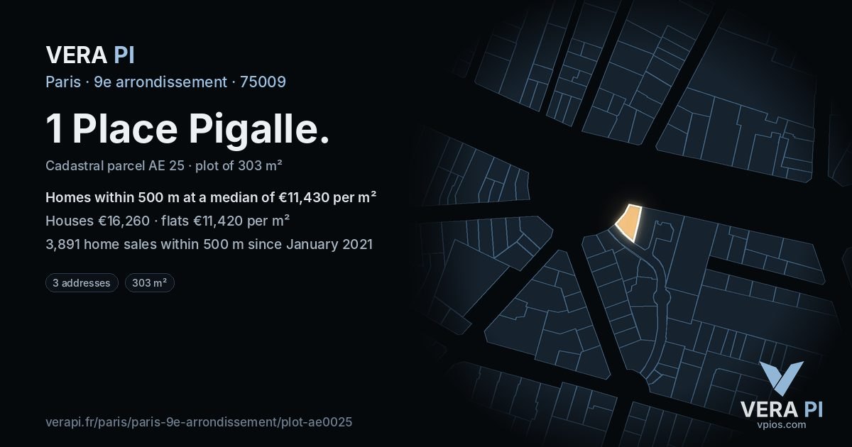 1 Place Pigalle, 9e arrondissement at night – the plot lit, the parcels around coloured by the prices near them