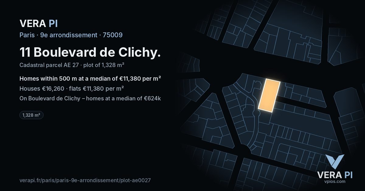 11 Boulevard de Clichy, 9e arrondissement at night – the plot lit, the parcels around coloured by the prices near them