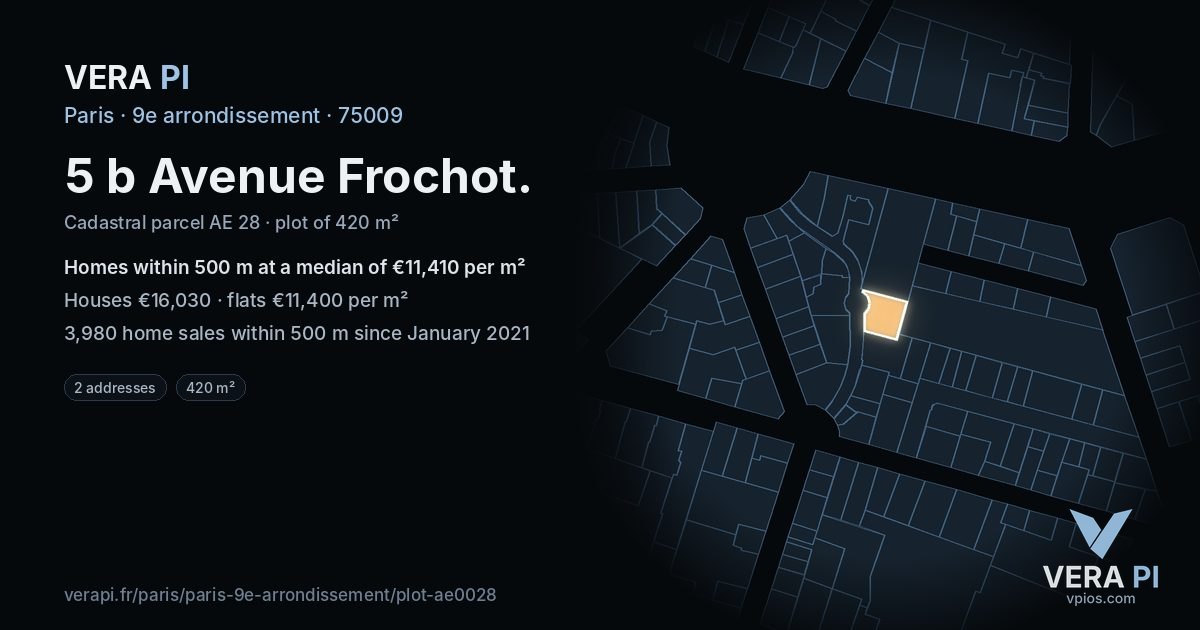 5 b Avenue Frochot, 9e arrondissement at night – the plot lit, the parcels around coloured by the prices near them