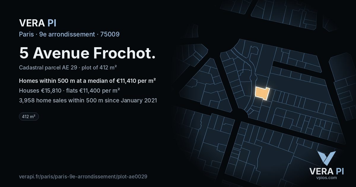 5 Avenue Frochot, 9e arrondissement at night – the plot lit, the parcels around coloured by the prices near them