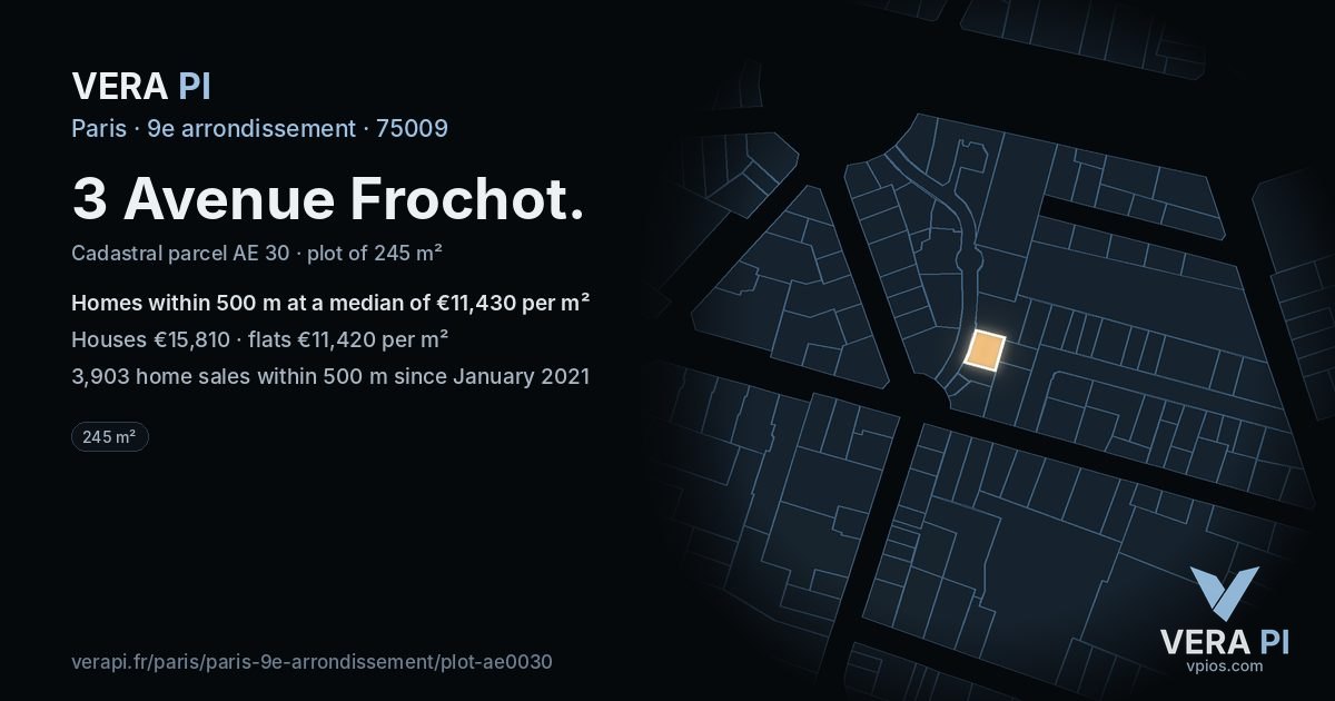 3 Avenue Frochot, 9e arrondissement at night – the plot lit, the parcels around coloured by the prices near them