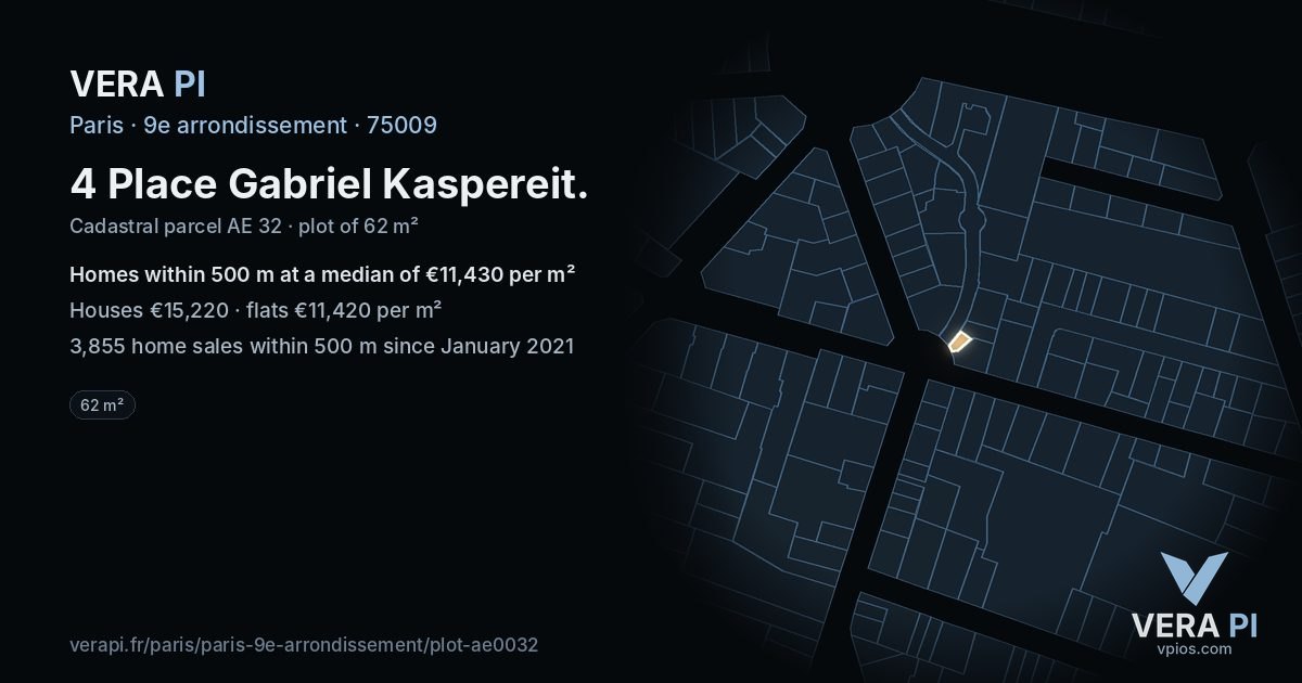 4 Place Gabriel Kaspereit, 9e arrondissement at night – the plot lit, the parcels around coloured by the prices near them
