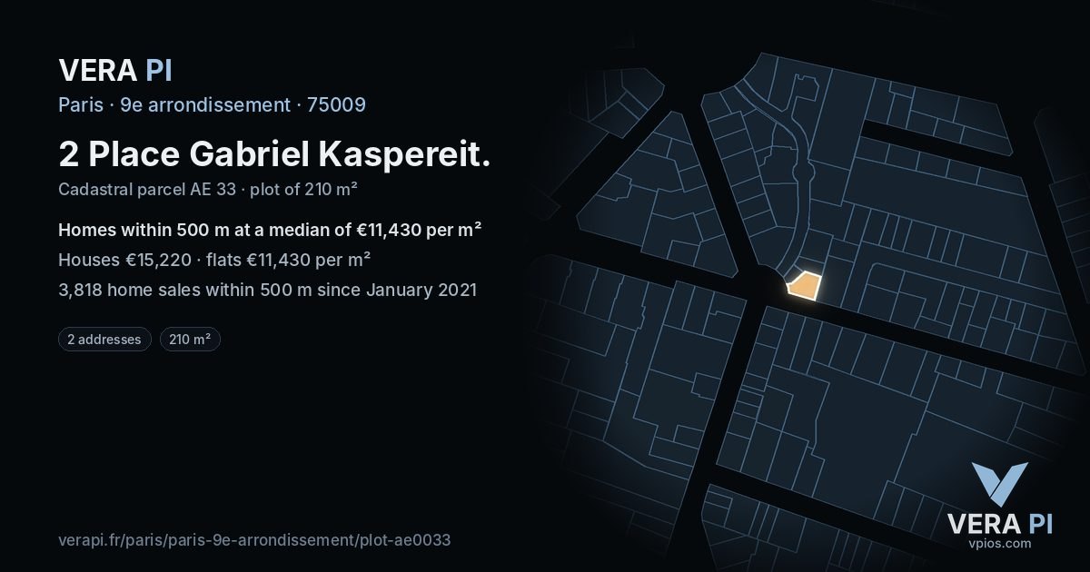 2 Place Gabriel Kaspereit, 9e arrondissement at night – the plot lit, the parcels around coloured by the prices near them