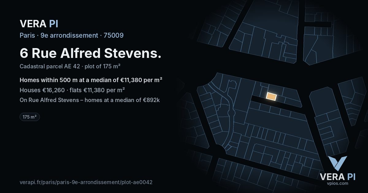 6 Rue Alfred Stevens, 9e arrondissement at night – the plot lit, the parcels around coloured by the prices near them