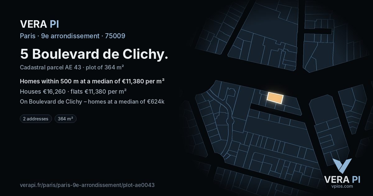 5 Boulevard de Clichy, 9e arrondissement at night – the plot lit, the parcels around coloured by the prices near them