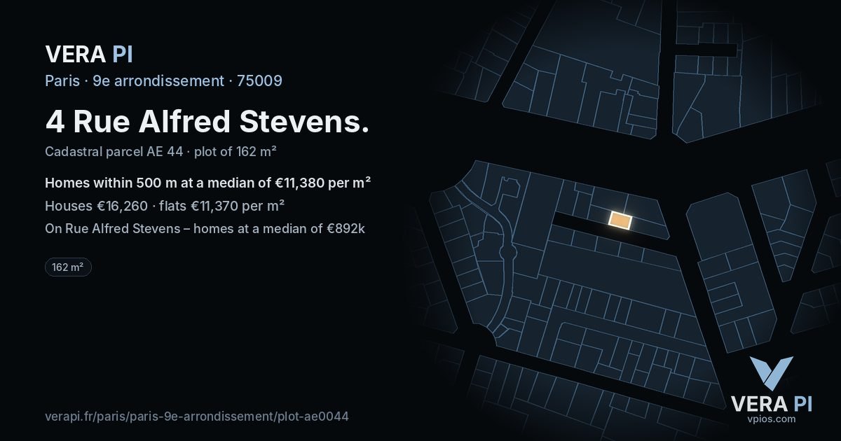 4 Rue Alfred Stevens, 9e arrondissement at night – the plot lit, the parcels around coloured by the prices near them