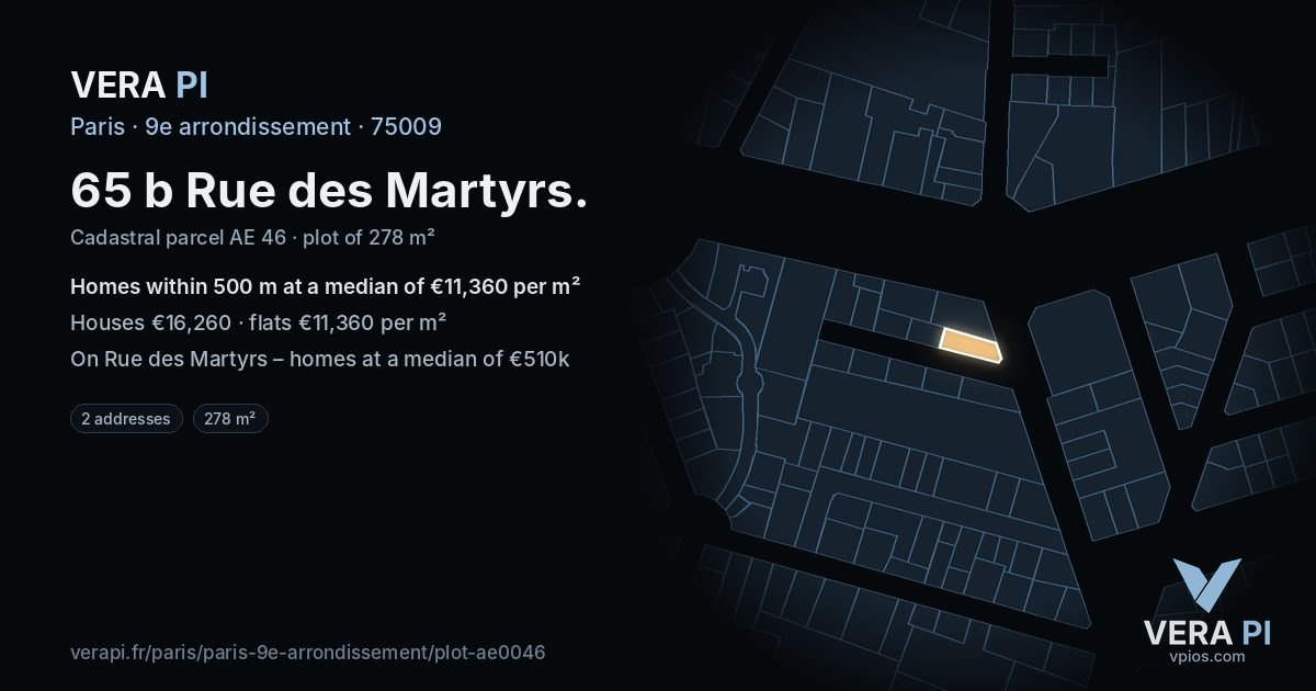 65 b Rue des Martyrs, 9e arrondissement at night – the plot lit, the parcels around coloured by the prices near them