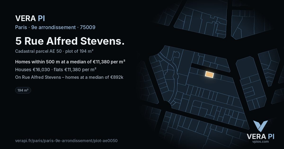 5 Rue Alfred Stevens, 9e arrondissement at night – the plot lit, the parcels around coloured by the prices near them