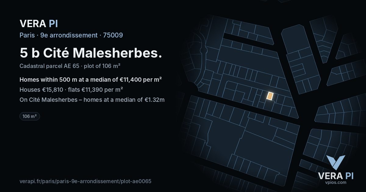 5 b Cité Malesherbes, 9e arrondissement at night – the plot lit, the parcels around coloured by the prices near them