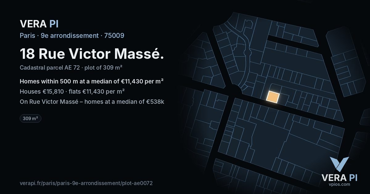 18 Rue Victor Massé, 9e arrondissement at night – the plot lit, the parcels around coloured by the prices near them