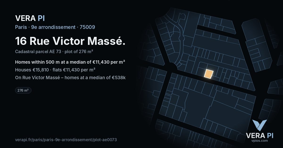 16 Rue Victor Massé, 9e arrondissement at night – the plot lit, the parcels around coloured by the prices near them