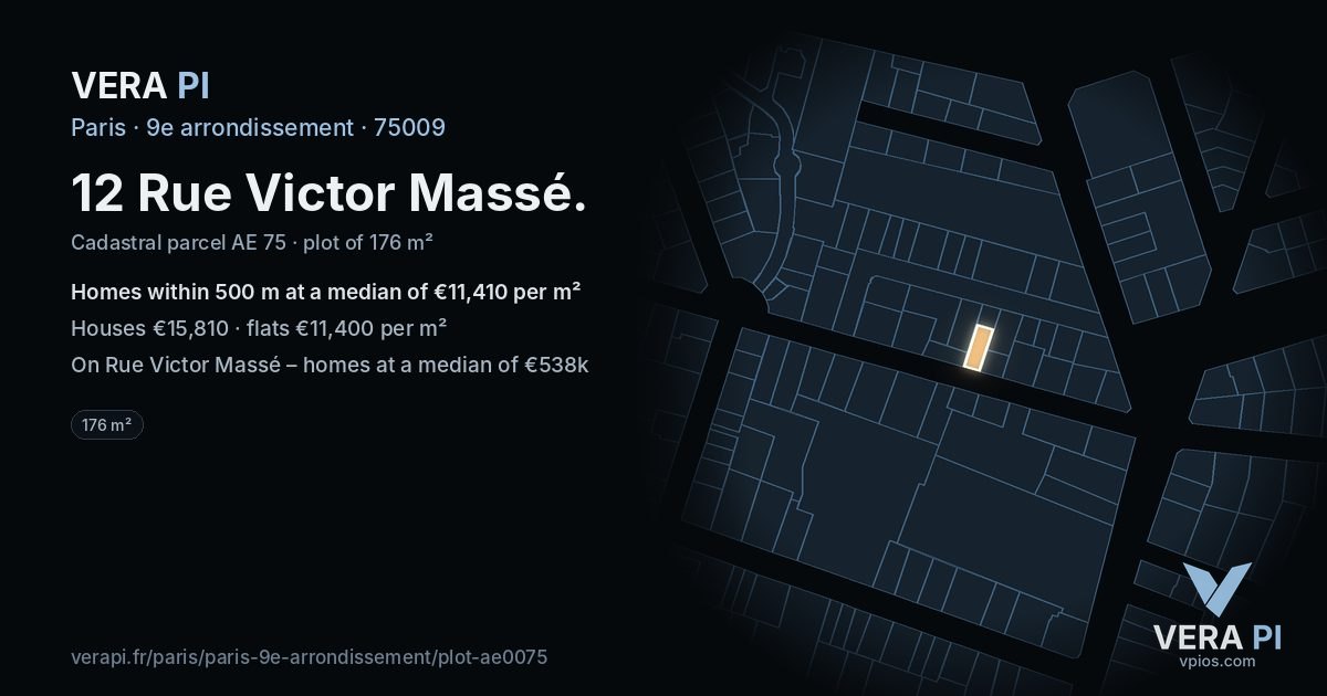 12 Rue Victor Massé, 9e arrondissement at night – the plot lit, the parcels around coloured by the prices near them