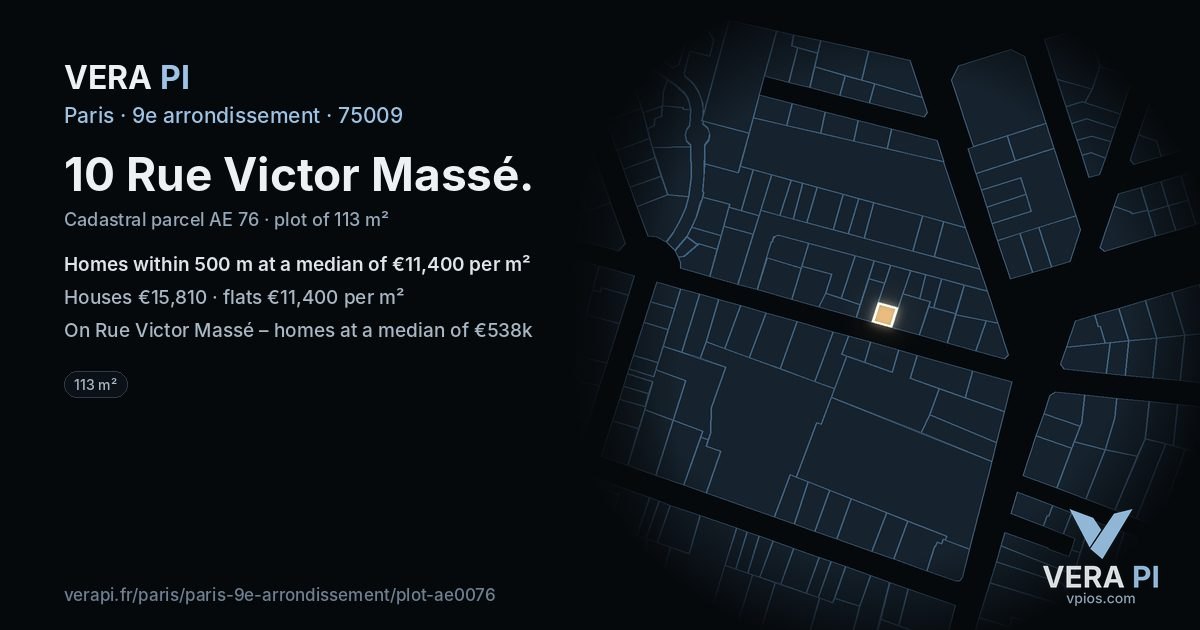 10 Rue Victor Massé, 9e arrondissement at night – the plot lit, the parcels around coloured by the prices near them