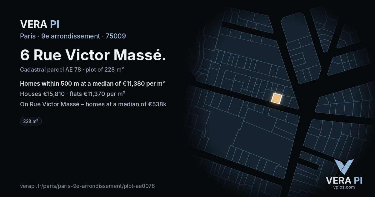 6 Rue Victor Massé, 9e arrondissement at night – the plot lit, the parcels around coloured by the prices near them