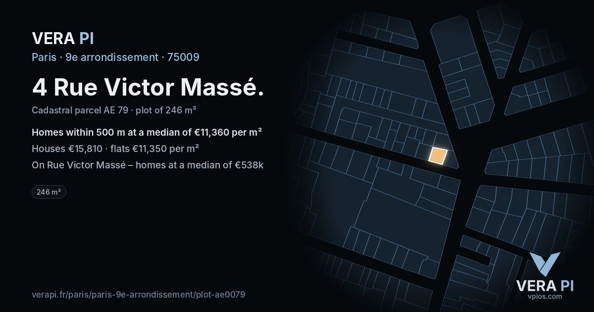 4 Rue Victor Massé, 9e arrondissement at night – the plot lit, the parcels around coloured by the prices near them