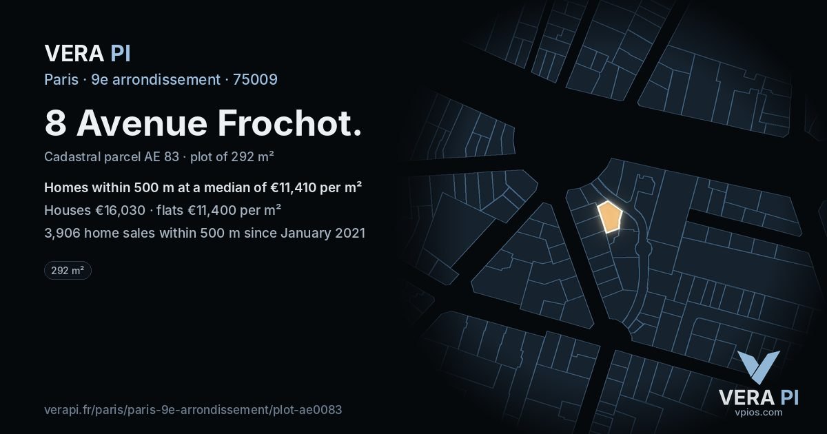 8 Avenue Frochot, 9e arrondissement at night – the plot lit, the parcels around coloured by the prices near them