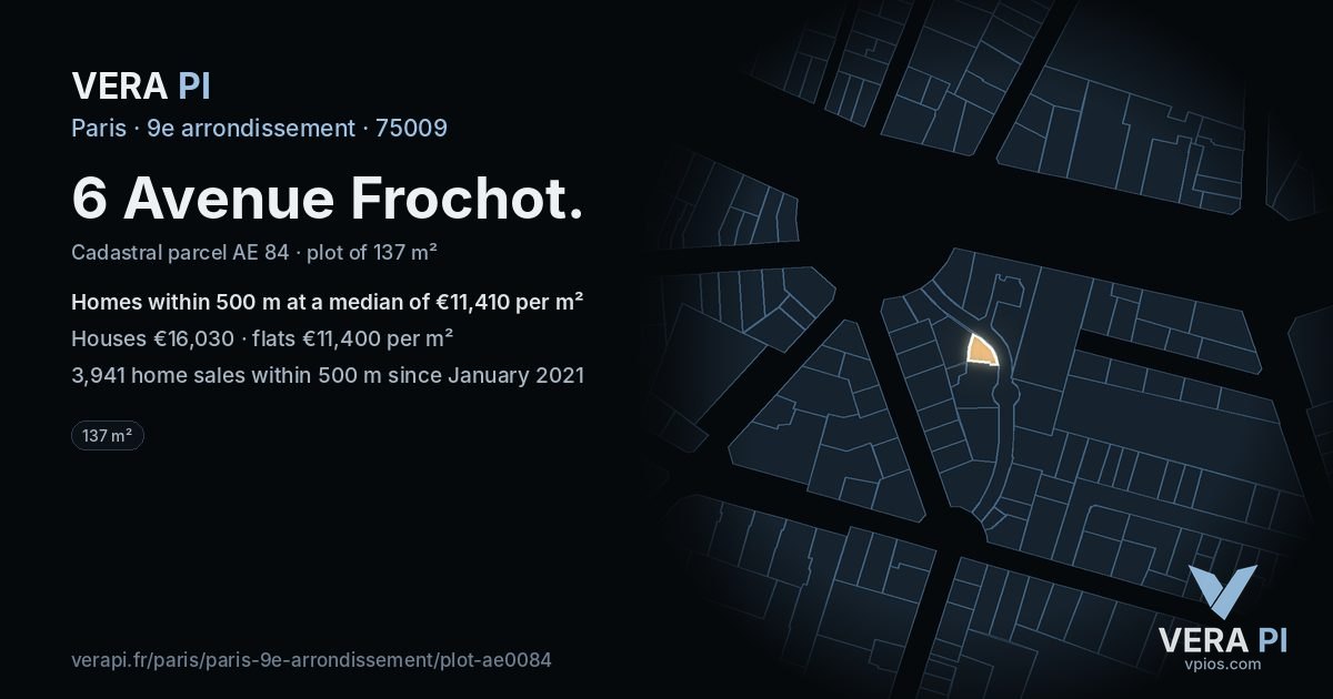 6 Avenue Frochot, 9e arrondissement at night – the plot lit, the parcels around coloured by the prices near them