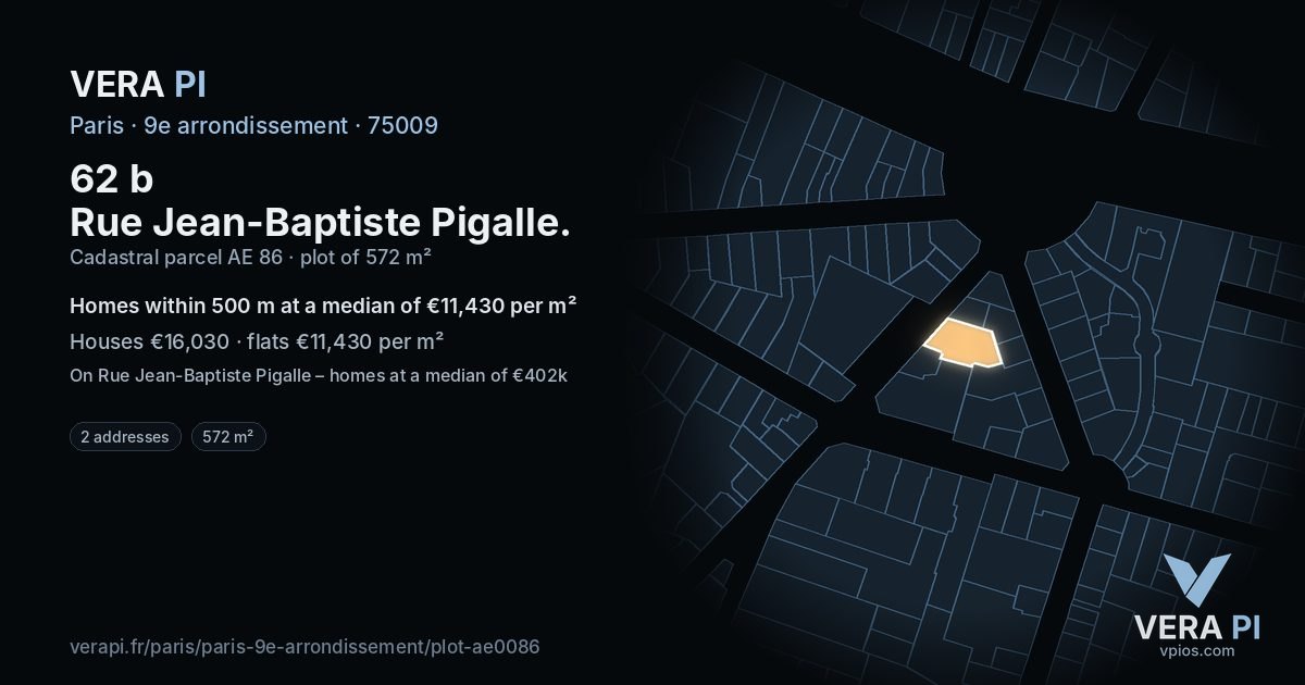 62 b Rue Jean-Baptiste Pigalle, 9e arrondissement at night – the plot lit, the parcels around coloured by the prices near them