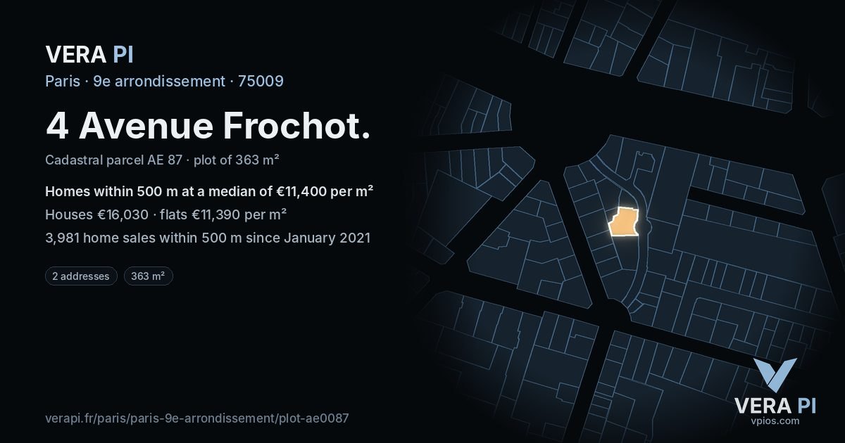 4 Avenue Frochot, 9e arrondissement at night – the plot lit, the parcels around coloured by the prices near them