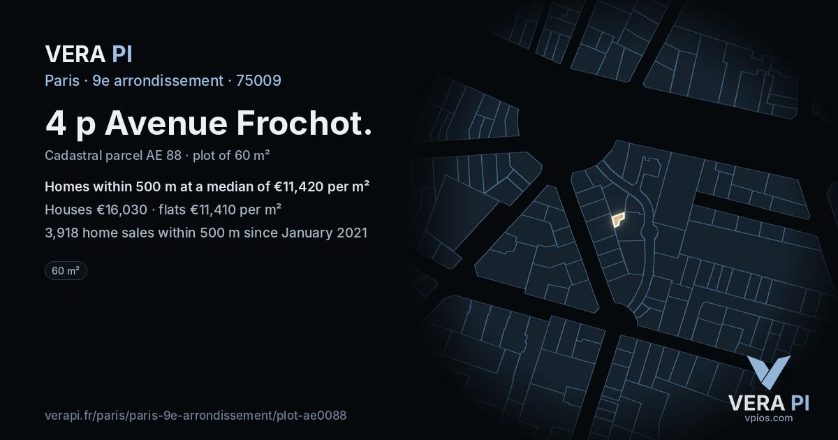 4 p Avenue Frochot, 9e arrondissement at night – the plot lit, the parcels around coloured by the prices near them