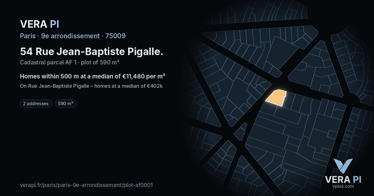 54 Rue Jean-Baptiste Pigalle, 9e arrondissement at night – the plot lit, the parcels around coloured by the prices near them