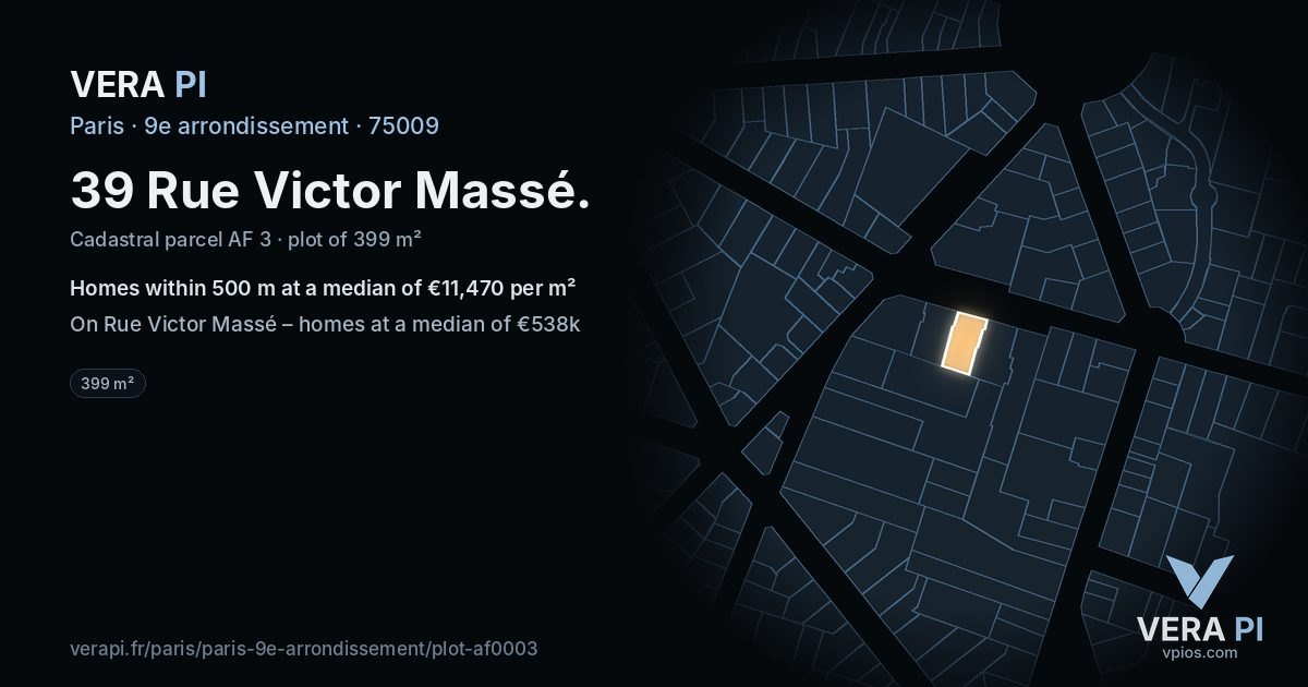 39 Rue Victor Massé, 9e arrondissement at night – the plot lit, the parcels around coloured by the prices near them