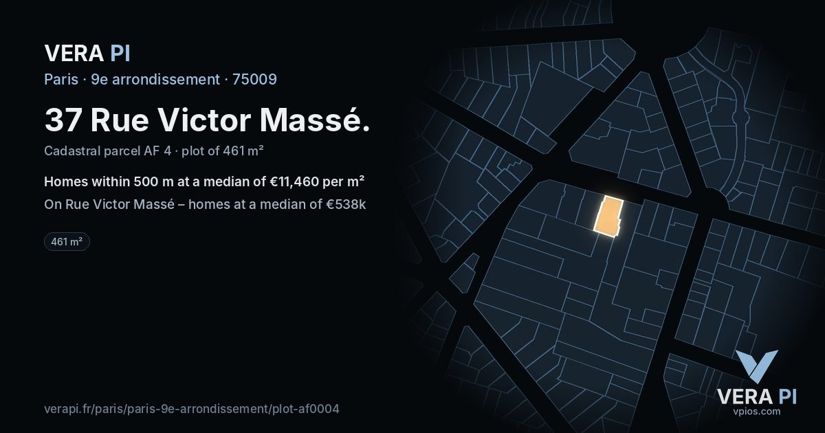 37 Rue Victor Massé, 9e arrondissement at night – the plot lit, the parcels around coloured by the prices near them