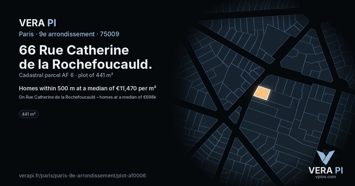 66 Rue Catherine de la Rochefoucauld, 9e arrondissement at night – the plot lit, the parcels around coloured by the prices near them