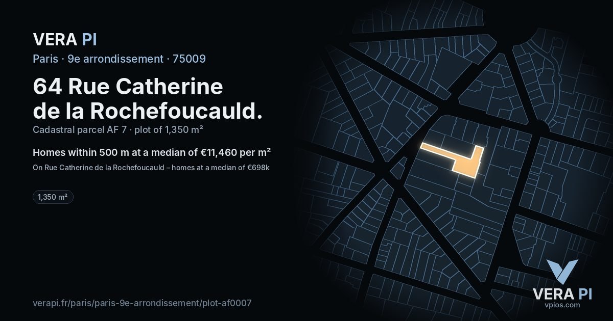 64 Rue Catherine de la Rochefoucauld, 9e arrondissement at night – the plot lit, the parcels around coloured by the prices near them