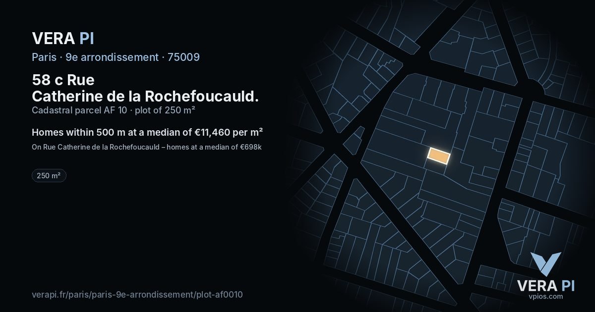 58 c Rue Catherine de la Rochefoucauld, 9e arrondissement at night – the plot lit, the parcels around coloured by the prices near them