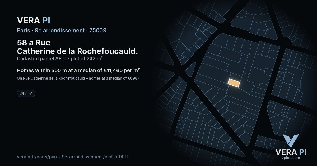 58 a Rue Catherine de la Rochefoucauld, 9e arrondissement at night – the plot lit, the parcels around coloured by the prices near them