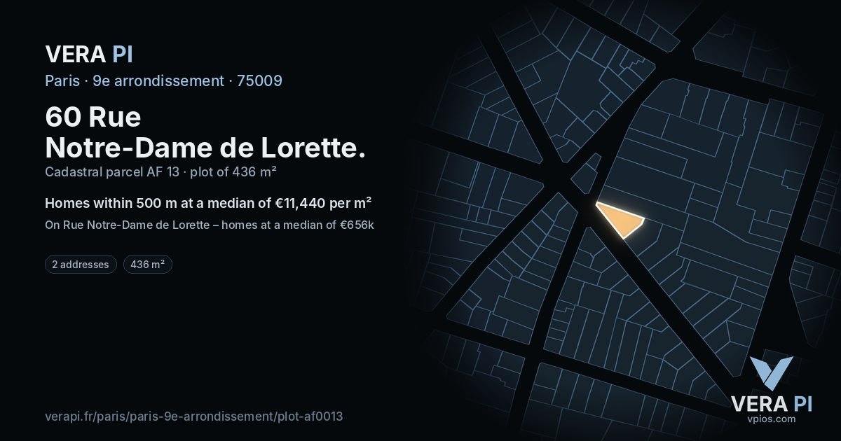60 Rue Notre-Dame de Lorette, 9e arrondissement at night – the plot lit, the parcels around coloured by the prices near them