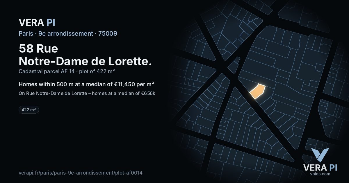 58 Rue Notre-Dame de Lorette, 9e arrondissement at night – the plot lit, the parcels around coloured by the prices near them