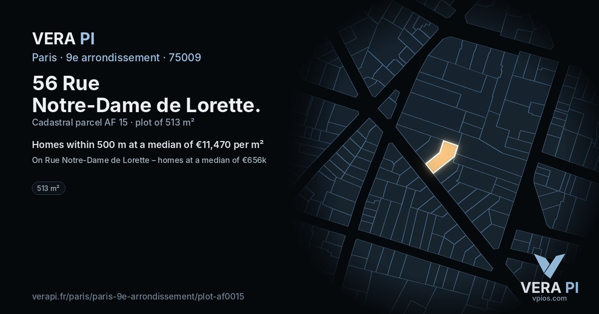 56 Rue Notre-Dame de Lorette, 9e arrondissement at night – the plot lit, the parcels around coloured by the prices near them