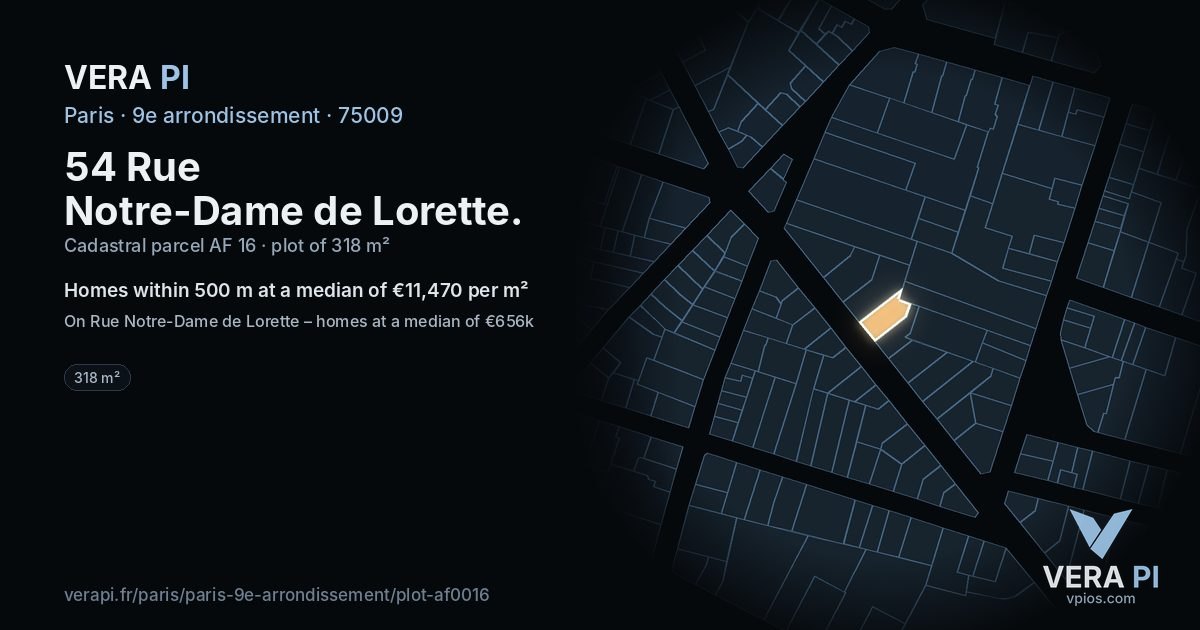 54 Rue Notre-Dame de Lorette, 9e arrondissement at night – the plot lit, the parcels around coloured by the prices near them