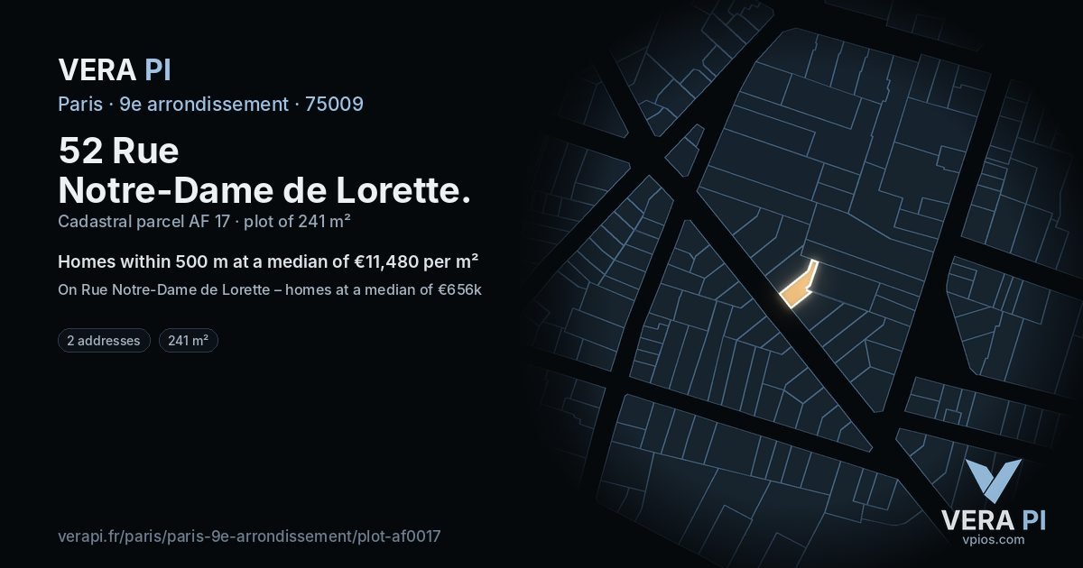 52 Rue Notre-Dame de Lorette, 9e arrondissement at night – the plot lit, the parcels around coloured by the prices near them