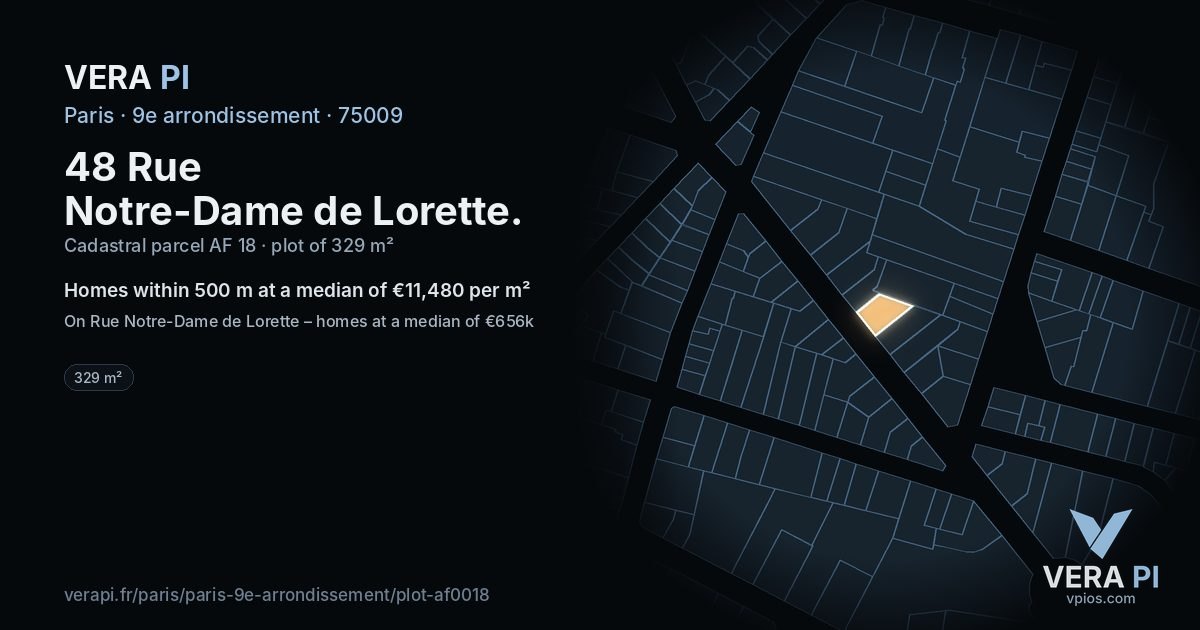 48 Rue Notre-Dame de Lorette, 9e arrondissement at night – the plot lit, the parcels around coloured by the prices near them