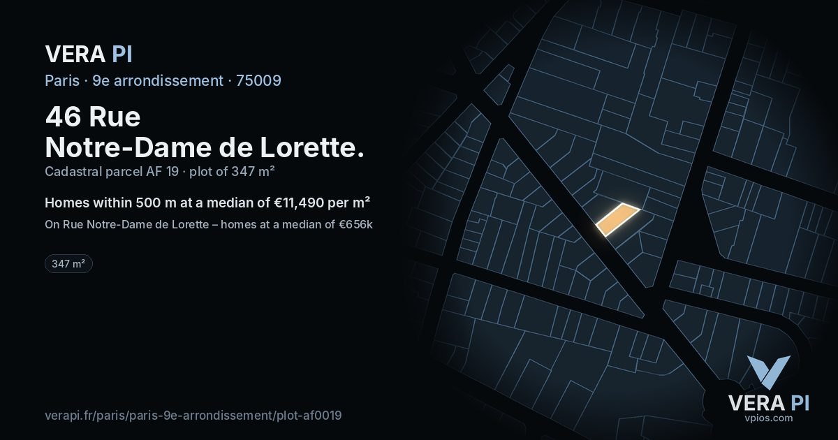 46 Rue Notre-Dame de Lorette, 9e arrondissement at night – the plot lit, the parcels around coloured by the prices near them