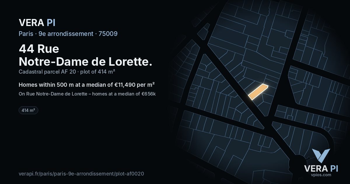 44 Rue Notre-Dame de Lorette, 9e arrondissement at night – the plot lit, the parcels around coloured by the prices near them