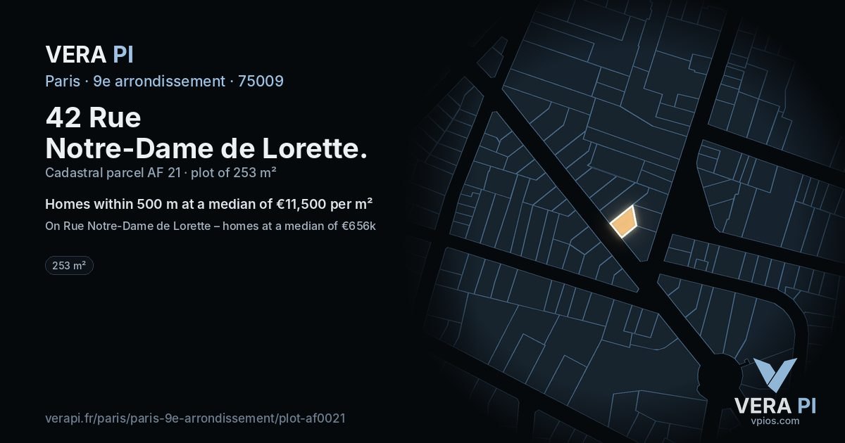 42 Rue Notre-Dame de Lorette, 9e arrondissement at night – the plot lit, the parcels around coloured by the prices near them