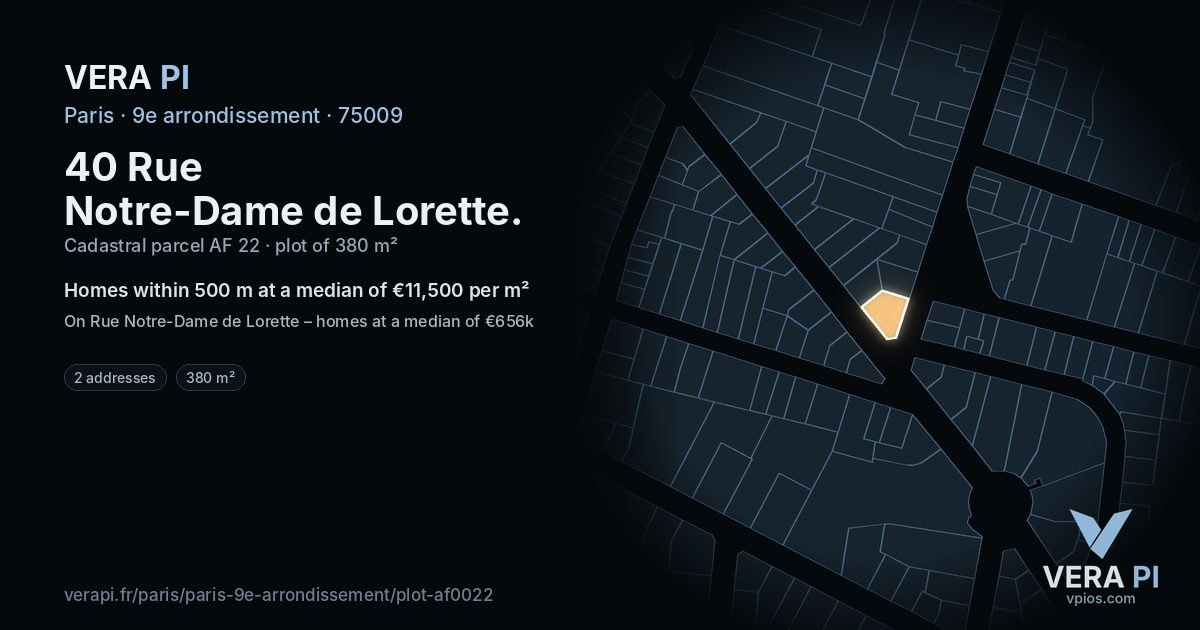 40 Rue Notre-Dame de Lorette, 9e arrondissement at night – the plot lit, the parcels around coloured by the prices near them