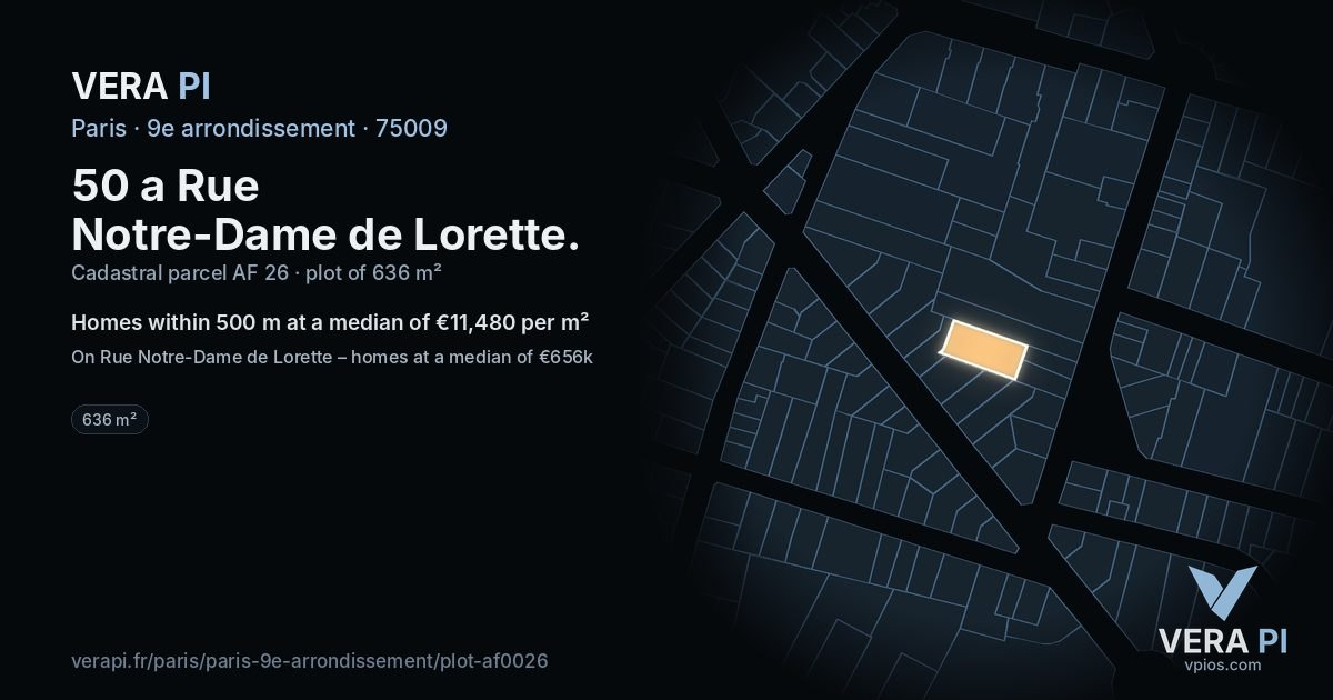 50 a Rue Notre-Dame de Lorette, 9e arrondissement at night – the plot lit, the parcels around coloured by the prices near them