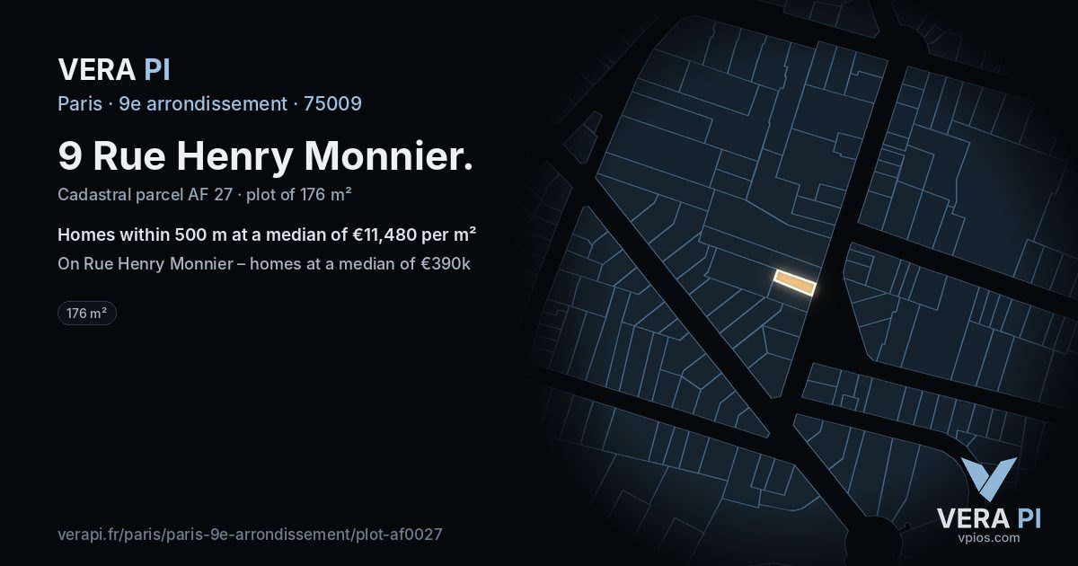 9 Rue Henry Monnier, 9e arrondissement at night – the plot lit, the parcels around coloured by the prices near them