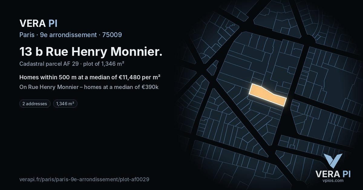 13 b Rue Henry Monnier, 9e arrondissement at night – the plot lit, the parcels around coloured by the prices near them