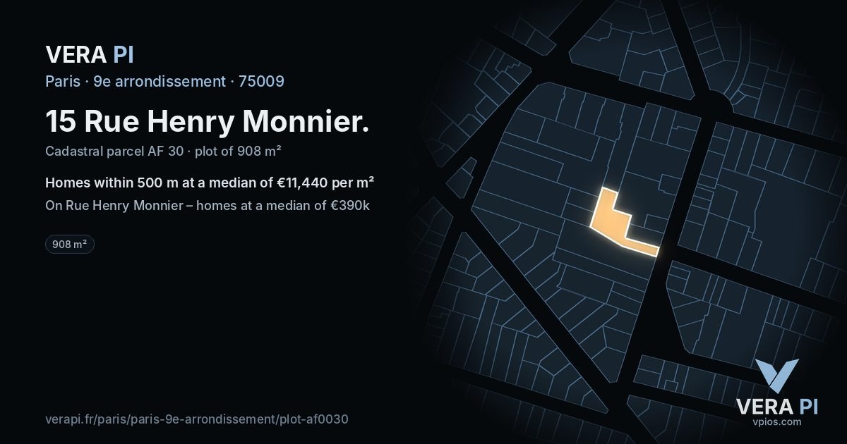 15 Rue Henry Monnier, 9e arrondissement at night – the plot lit, the parcels around coloured by the prices near them