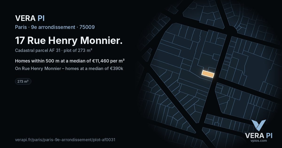 17 Rue Henry Monnier, 9e arrondissement at night – the plot lit, the parcels around coloured by the prices near them