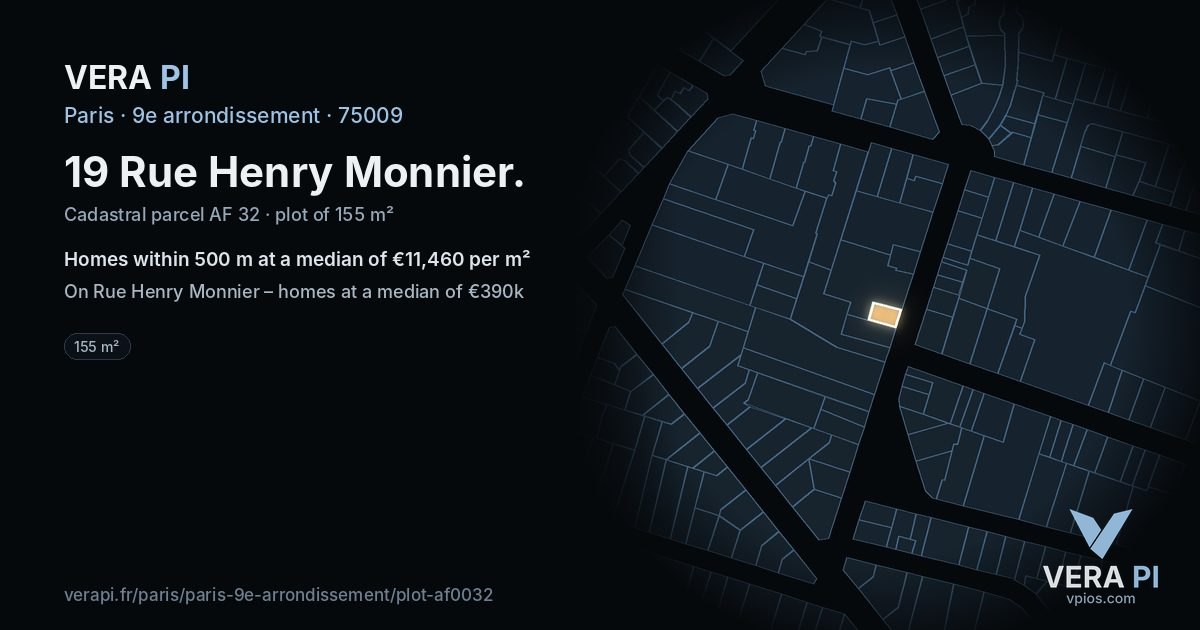 19 Rue Henry Monnier, 9e arrondissement at night – the plot lit, the parcels around coloured by the prices near them
